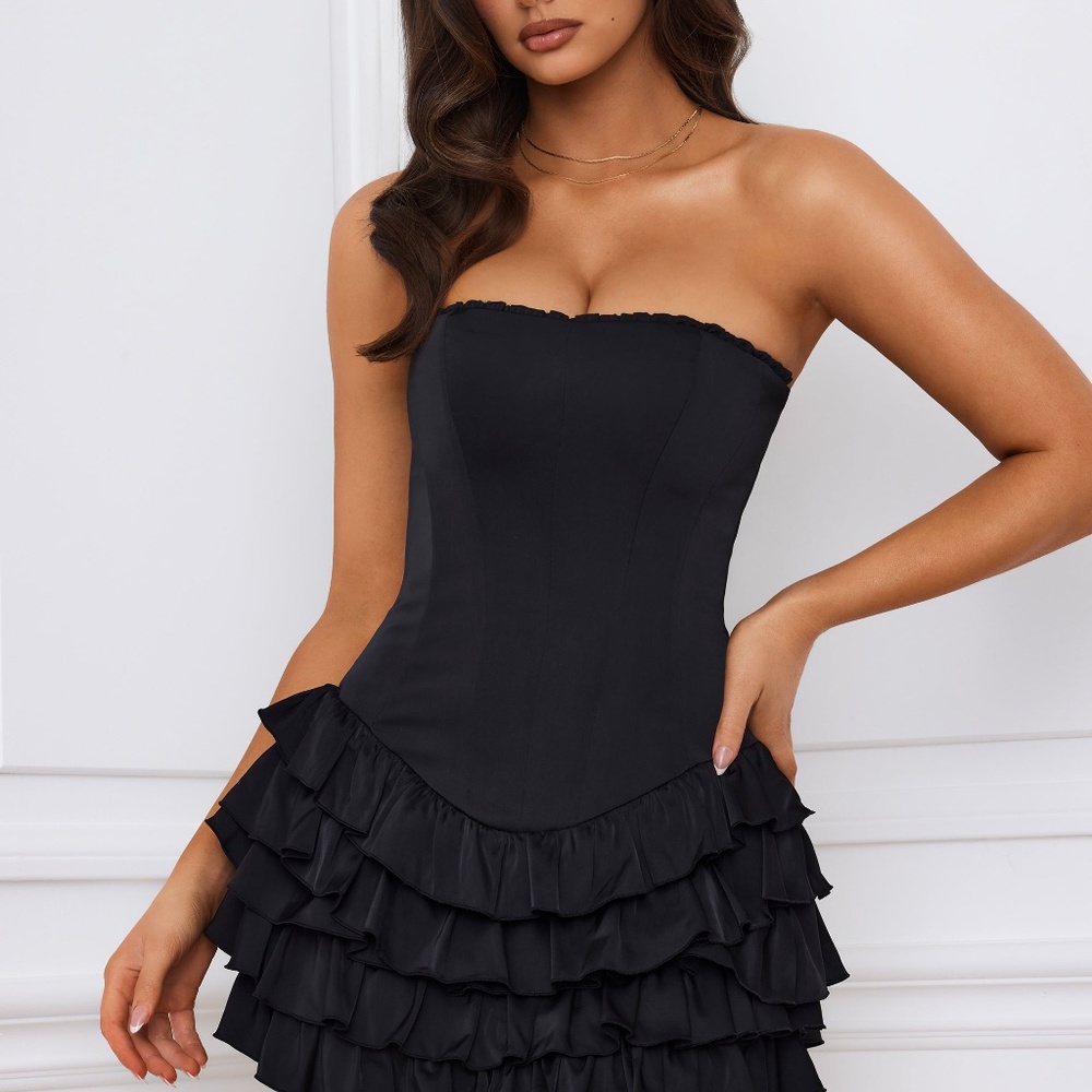 Oh Polly Bandeau Ruffled Tiered Corset Mini Dress in Black 0